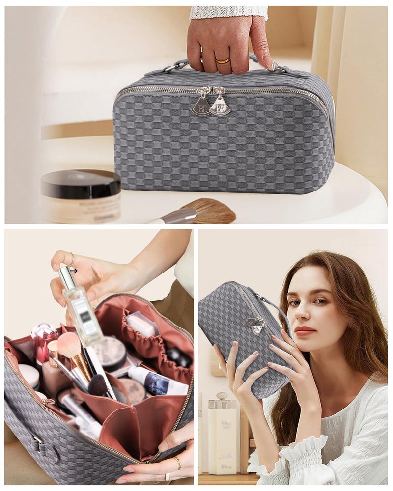 BATFIELD Cosmetic Bag for Women, Litchi PU Leather Makeup Pouch for Women, Large Capacity Cosmetic Travel Bag, Portable Makeup Kit Storage Bag with Handle and Divider (Checkered Grey) 23x12x12 cm - Image 4