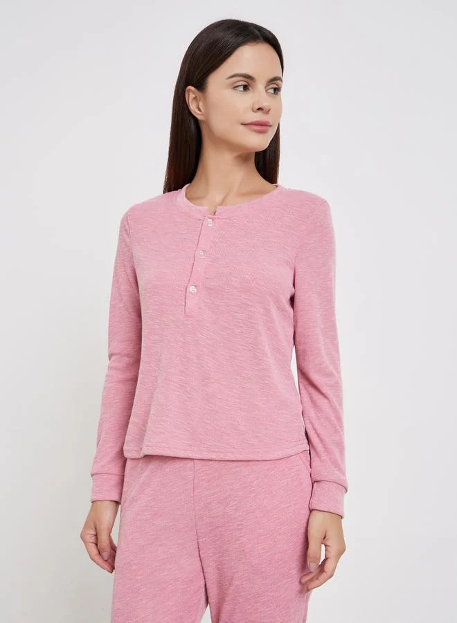 Styli Texture Button Front T-Shirt and Long Pyjama Set