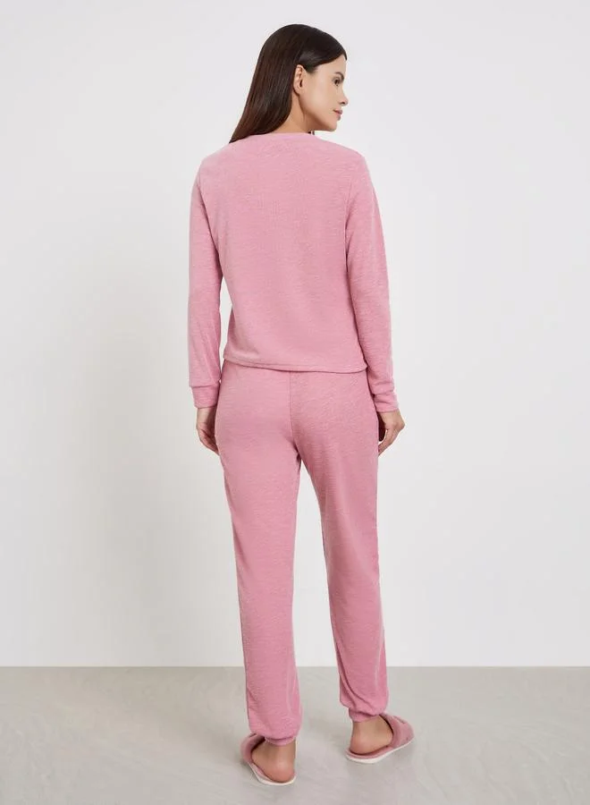 Styli Texture Button Front T-Shirt and Long Pyjama Set