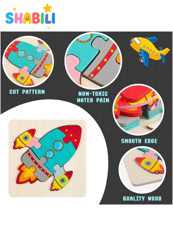 شبيلي مجموعة ألغاز خشبية تعليمية للأطفال – ١٢ قطعة على شكل حيوانات ومركبات – تنمية المهارات الحركية والبصرية – هدية تعليمية رائعة للأولاد والبنات - Image 5