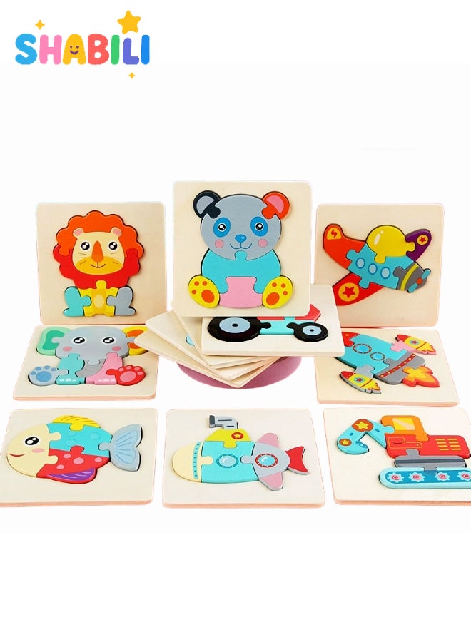 شبيلي مجموعة ألغاز خشبية تعليمية للأطفال – ١٢ قطعة على شكل حيوانات ومركبات – تنمية المهارات الحركية والبصرية – هدية تعليمية رائعة للأولاد والبنات - Image 1