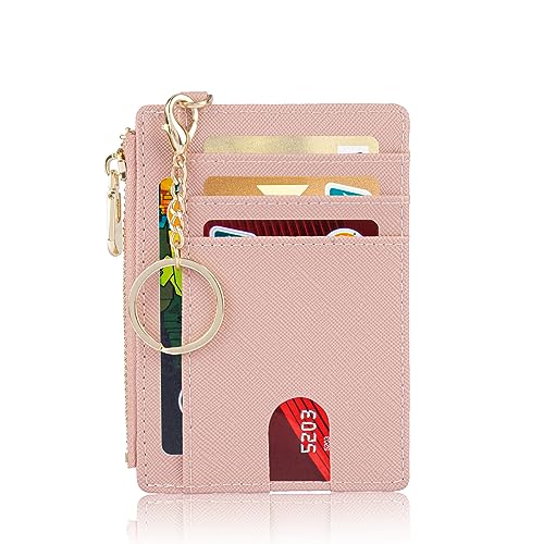 Suweibuke Slim Pocket Wallet, RFID Blocking Credit Card Holder Wallet with D-Shackle ID Window and Detachable keychain for Women (A-Coral Pink) - Image 1