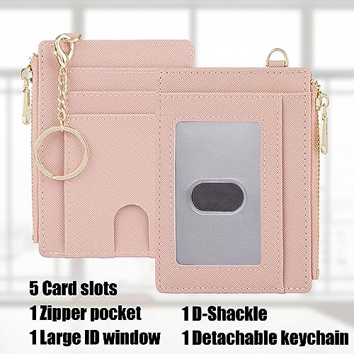 Suweibuke Slim Pocket Wallet, RFID Blocking Credit Card Holder Wallet with D-Shackle ID Window and Detachable keychain for Women (A-Coral Pink) - Image 2
