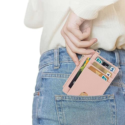 Suweibuke Slim Pocket Wallet, RFID Blocking Credit Card Holder Wallet with D-Shackle ID Window and Detachable keychain for Women (A-Coral Pink) - Image 4