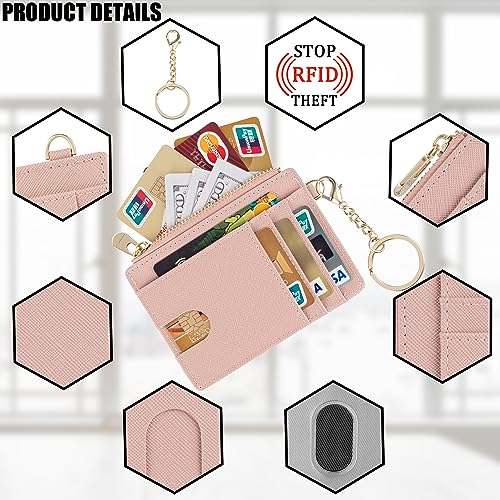 Suweibuke Slim Pocket Wallet, RFID Blocking Credit Card Holder Wallet with D-Shackle ID Window and Detachable keychain for Women (A-Coral Pink) - Image 3