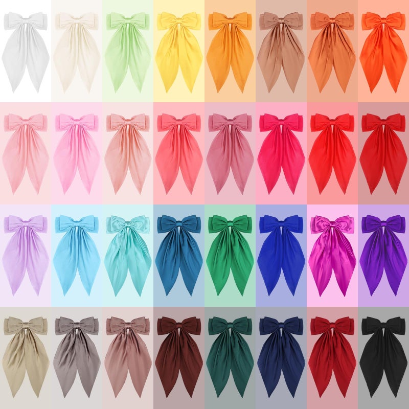 LIUBUJINGYING 32Pcs Satin Hair Bows Bulk Big Hair Bows for Women Large Hair Ribbons Silky Satin Oversized Hair Bows Long Tail Large Hair Barrettes Hair Cute Oversized Bow Hair Clips with Long Tails - Image 3