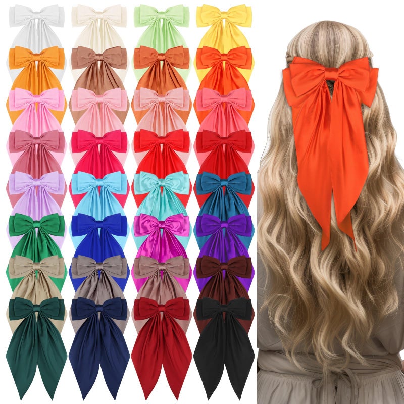 LIUBUJINGYING 32Pcs Satin Hair Bows Bulk Big Hair Bows for Women Large Hair Ribbons Silky Satin Oversized Hair Bows Long Tail Large Hair Barrettes Hair Cute Oversized Bow Hair Clips with Long Tails - Image 1