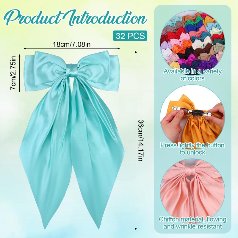 LIUBUJINGYING 32Pcs Satin Hair Bows Bulk Big Hair Bows for Women Large Hair Ribbons Silky Satin Oversized Hair Bows Long Tail Large Hair Barrettes Hair Cute Oversized Bow Hair Clips with Long Tails - Image 2