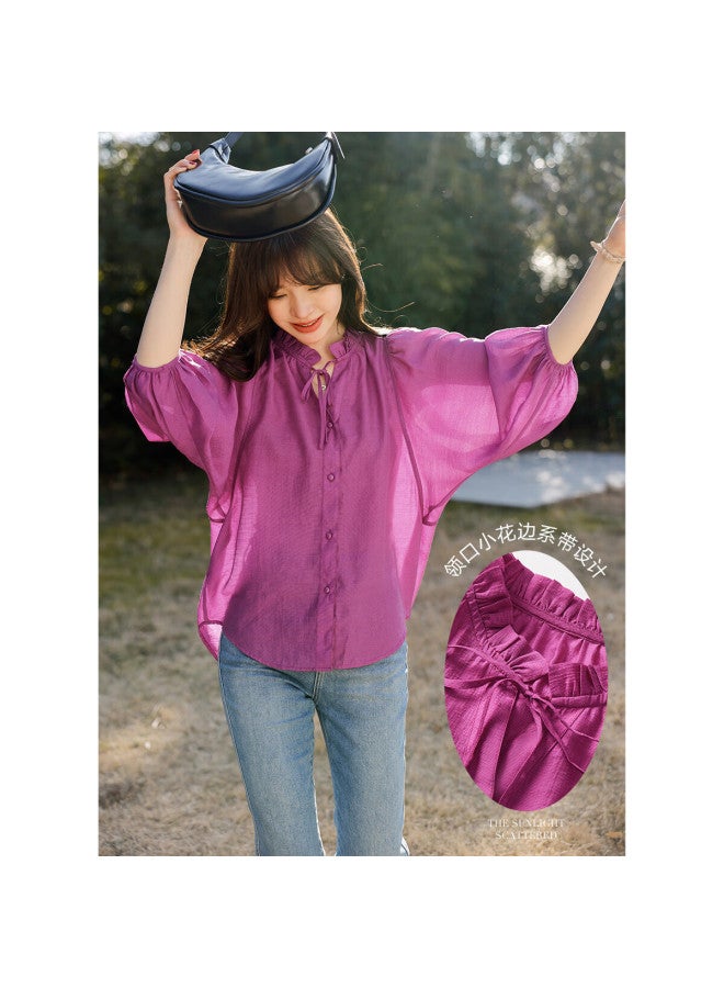 Mt Candy-Preserved Waxberry Summer Style Small V-Neck Korean Style Mushroom Lace Short-Sleeved Shirt - Image 2