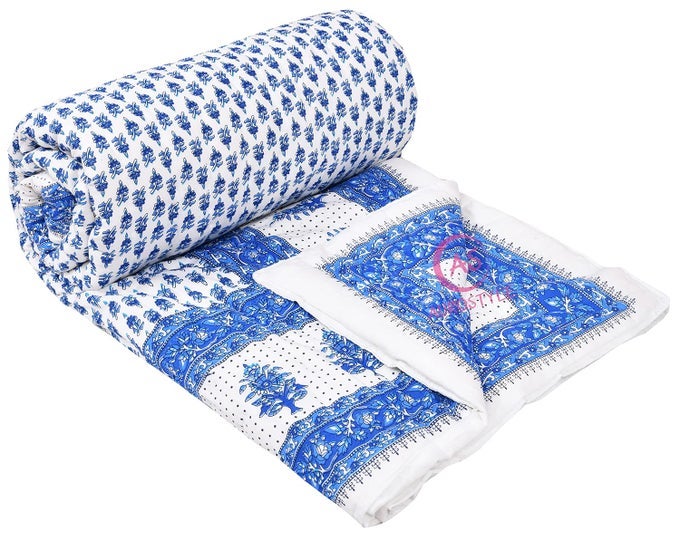400 TC DOUBLE BED JAIPURI RAZAI ORGANIC PURE COTTON JAIPURI RAJAI AC QUILT FOR WINTER AND SUMMER SOFT LIGHT WEIGHT RAJASTHANI TRADITIONAL COTTON COMFORTER 85 X 100 INCH BLUE
