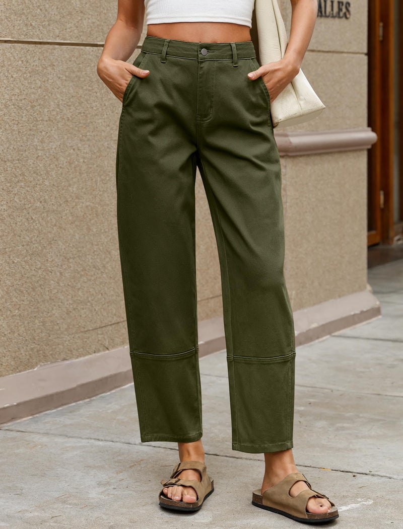 Eddoyee Women Barrel Cropped Pants, High Waisted Casual Loose Pants Harem Trousers with Cuff Split Designï¼ˆArmy Green Sï¼‰ - Image 2