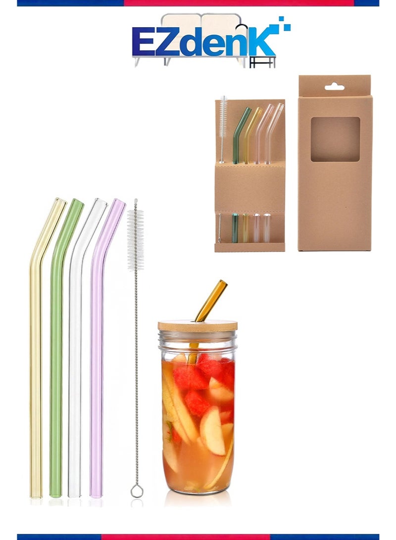 إزدنك 4 قطع من ماصات الشرب الزجاجية القابلة لإعادة الاستخدام، ماصات شرب صديقة للبيئة للعصائر، ميلك شيك، شاي، عصير، ألوان متعددة مختلطة (4 قطع منحنية) - Image 1