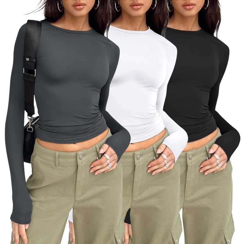 AUTOMET 3 Pack Womens Long Sleeve Crop Tops Basic Fitted T Shirts Slim Fit Crew Neck Y2K Layering Tees Black White Gray L - Image 1