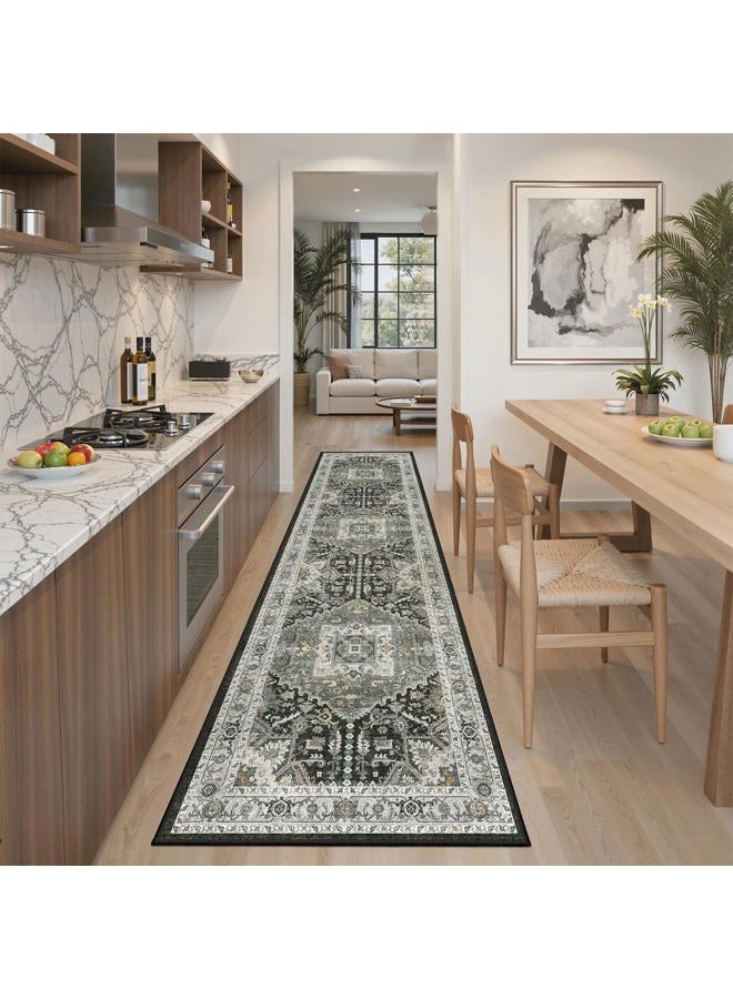Madane Washable Runner Rug 2x8, Runners for Hallways Non-Slip Kitchen Runner Rugs Ultra-Thin Laundry Room Carpet Runner for Entrance Living Dinning Room Foyer, Grey Green/Black Olive - Image 1