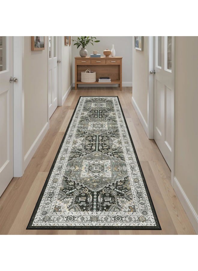Madane Washable Runner Rug 2x8, Runners for Hallways Non-Slip Kitchen Runner Rugs Ultra-Thin Laundry Room Carpet Runner for Entrance Living Dinning Room Foyer, Grey Green/Black Olive - Image 2