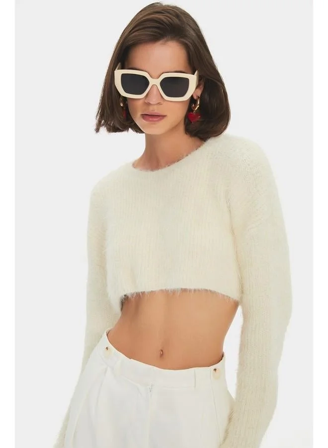 جون كنزة صوف نسائية برقبة دائرية قصيرة من جوني - بيج