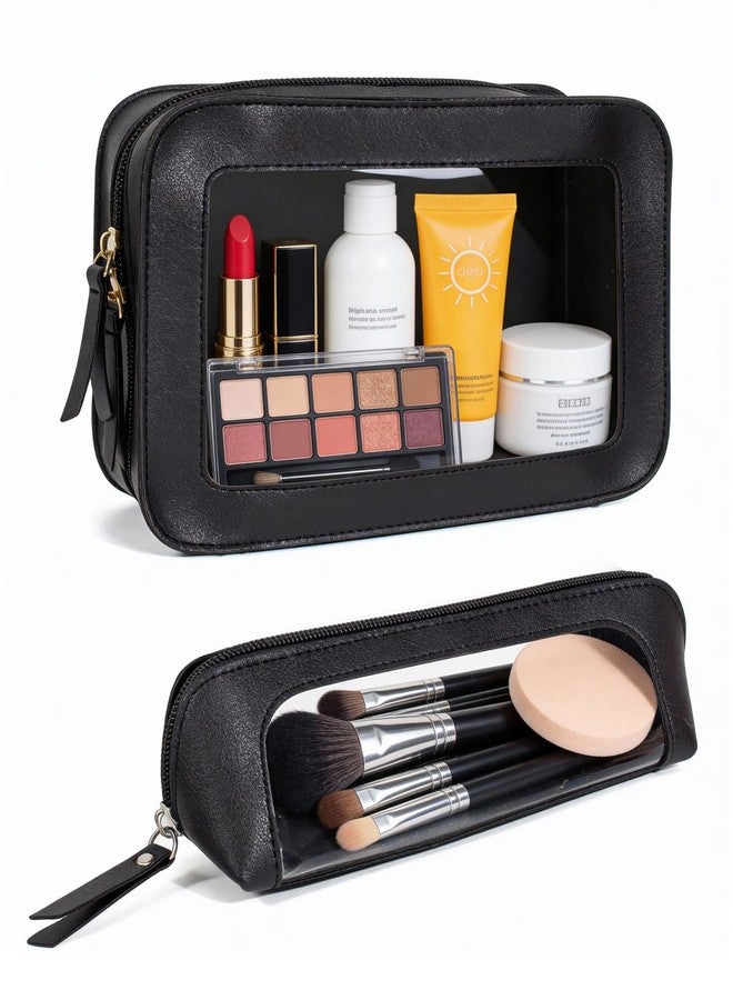 LETGO 2Pack Clear Makeup Bags, Portable Clear Makeup Brushes Bag Case Travel Car Accessories Essentials,Slim Makeup Pouch for Purse for Women (2Pack-Black Set) - Image 1