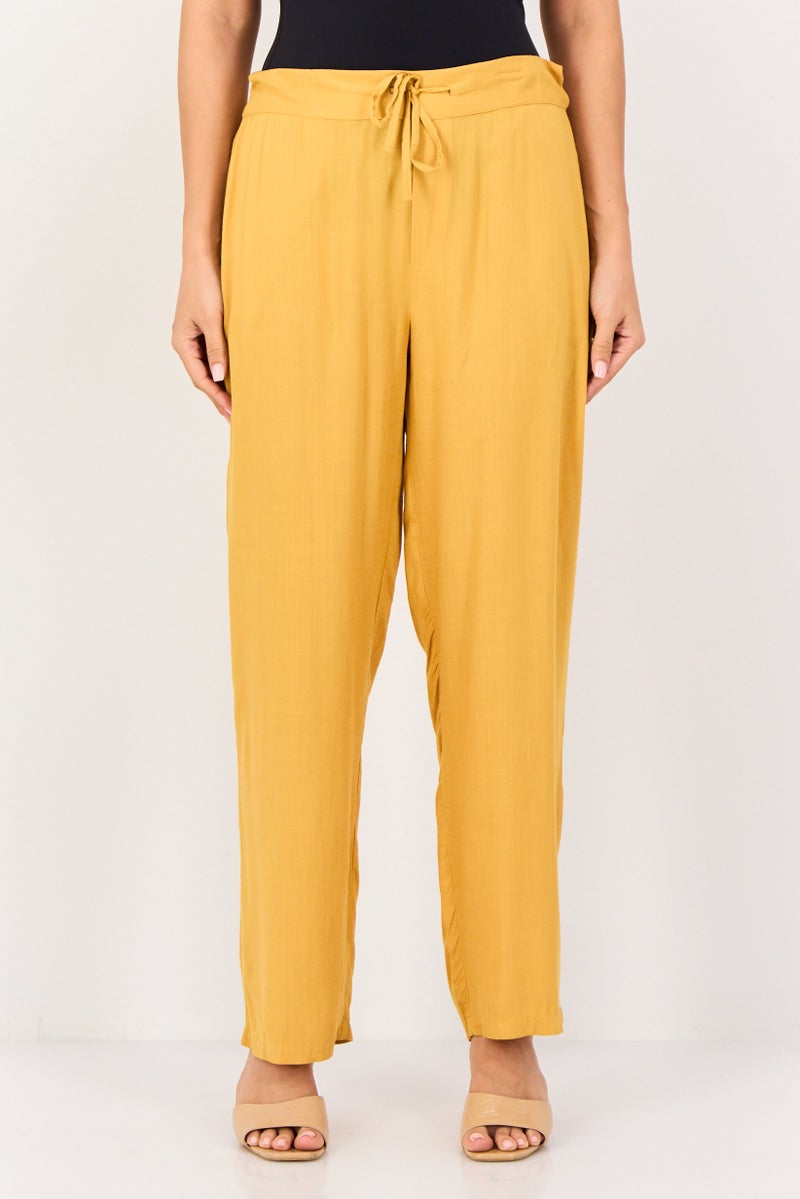 ONLY Women Regular Fit Solid Straight Leg Pants, Golden - Image 1