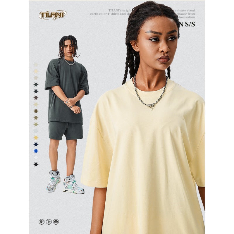 TILANI Men's 280g Earth Color Loose Short-sleeved T-shirt Men's FOG Solid Color Cotton Men's Fashion Brand plus size Shirt - Image 5