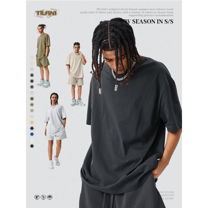 TILANI Men's 280g Earth Color Loose Short-sleeved T-shirt Men's FOG Solid Color Cotton Men's Fashion Brand plus size Shirt - Image 4