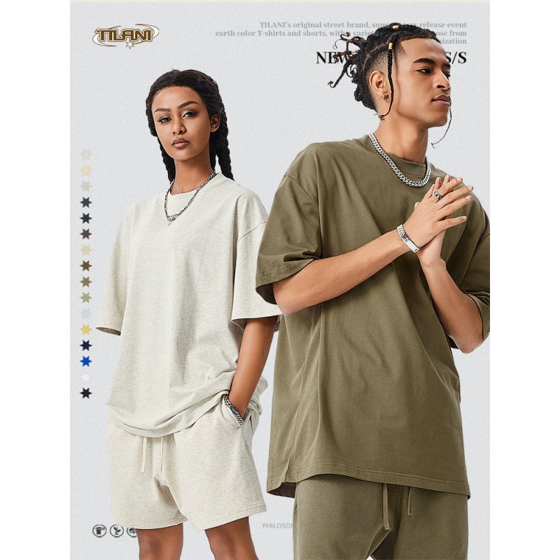 TILANI Men's 280g Earth Color Loose Short-sleeved T-shirt Men's FOG Solid Color Cotton Men's Fashion Brand plus size Shirt - Image 3