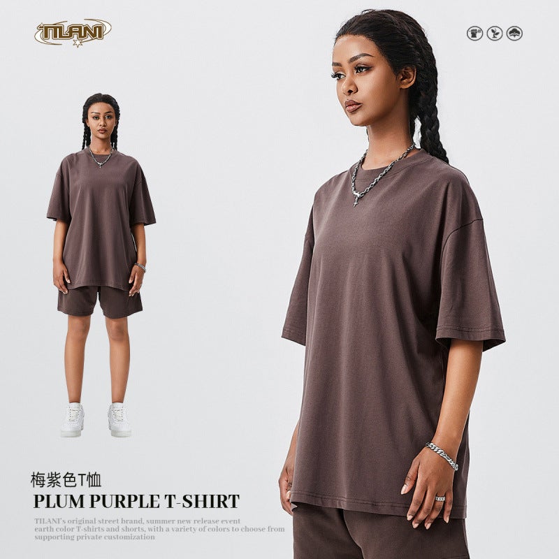 TILANI Men's 280g Earth Color Loose Short-sleeved T-shirt Men's FOG Solid Color Cotton Men's Fashion Brand plus size Shirt - Image 1