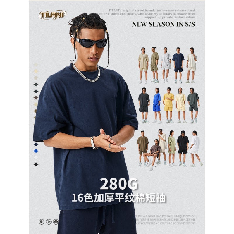 TILANI Men's 280g Earth Color Loose Short-sleeved T-shirt Men's FOG Solid Color Cotton Men's Fashion Brand plus size Shirt - Image 2