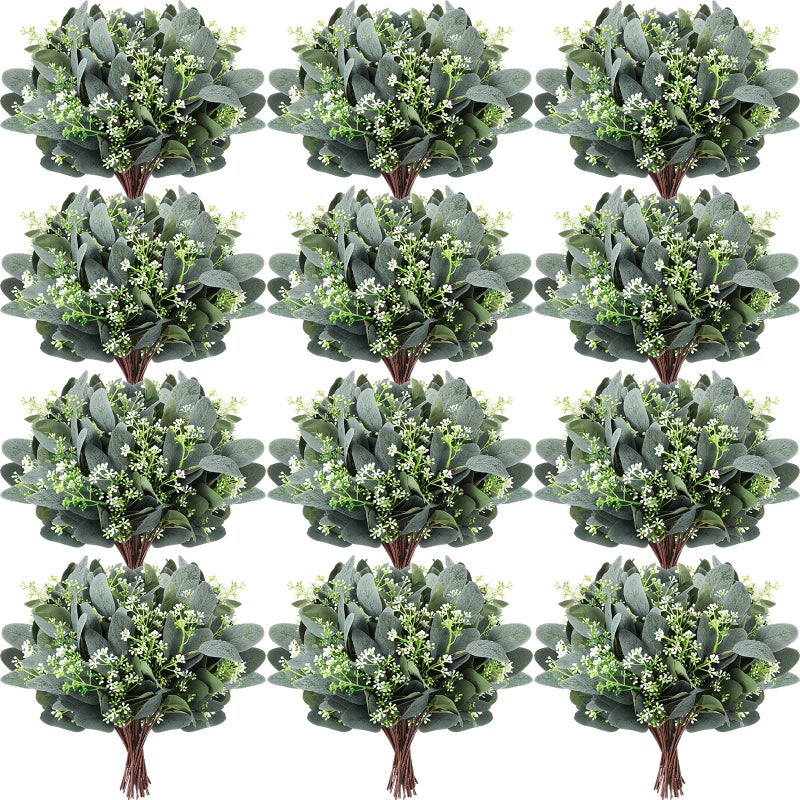 Janinka 60 Pcs Mixed Eucalyptus Leaves Stems Bulk Artificial Eucalyptus Leaves with White Seeds Artificial Silver Dollar Sprays Faux Oval for Floral Wreath Bouquets Wedding Greenery Decoration