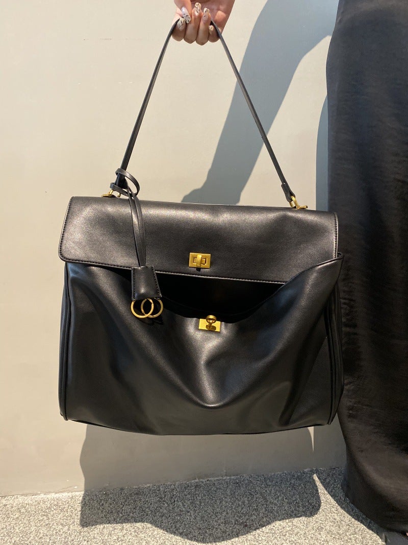 2024 Smooth Leather Tote Shoulder Womens Bag Black large (gold buckle) 