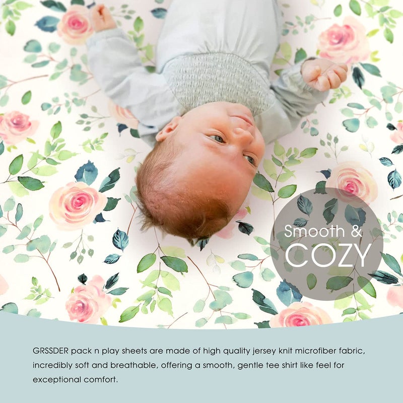GRSSDER Stretchy Ultra Soft Jersey Knit Fitted Pack n Play Sheets Set 2 Pack, Portable/Mini Crib Sheets, Snug and Safe Playards Sheet for Baby, Pink Rose Stylish Print - Image 4