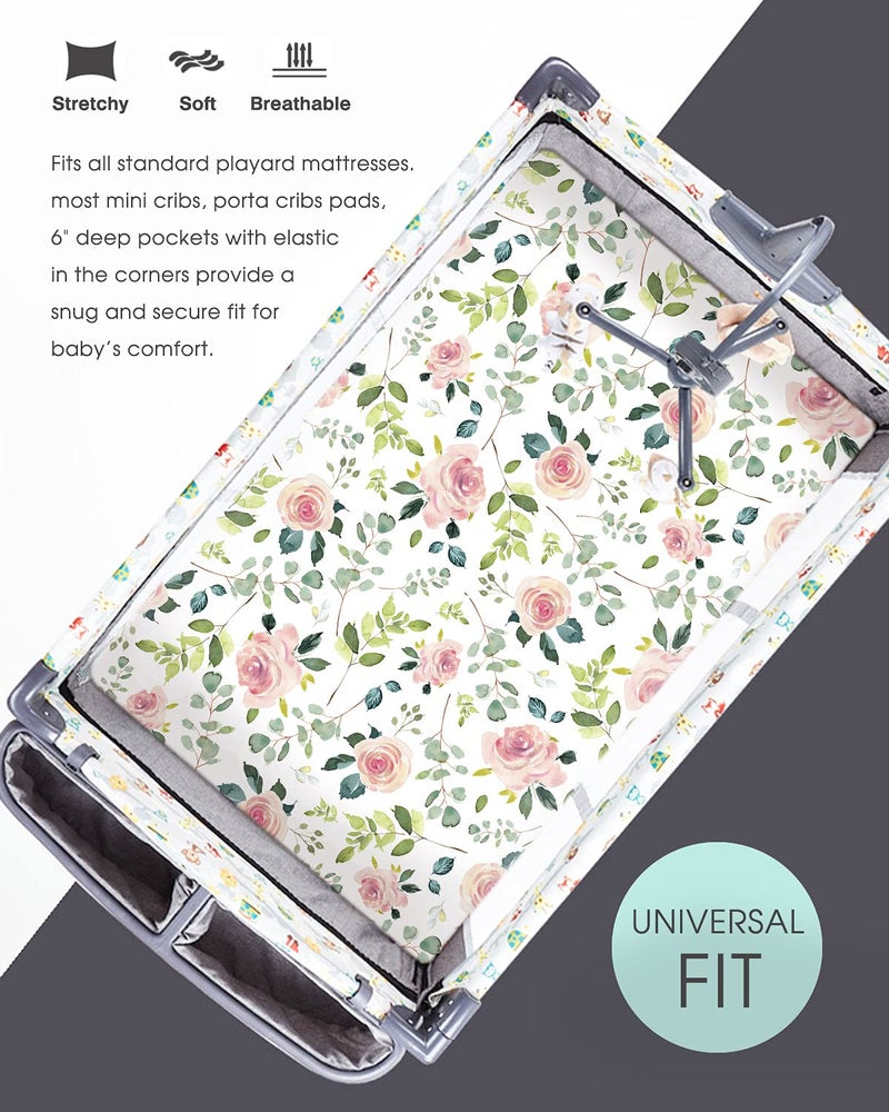 GRSSDER Stretchy Ultra Soft Jersey Knit Fitted Pack n Play Sheets Set 2 Pack, Portable/Mini Crib Sheets, Snug and Safe Playards Sheet for Baby, Pink Rose Stylish Print - Image 3