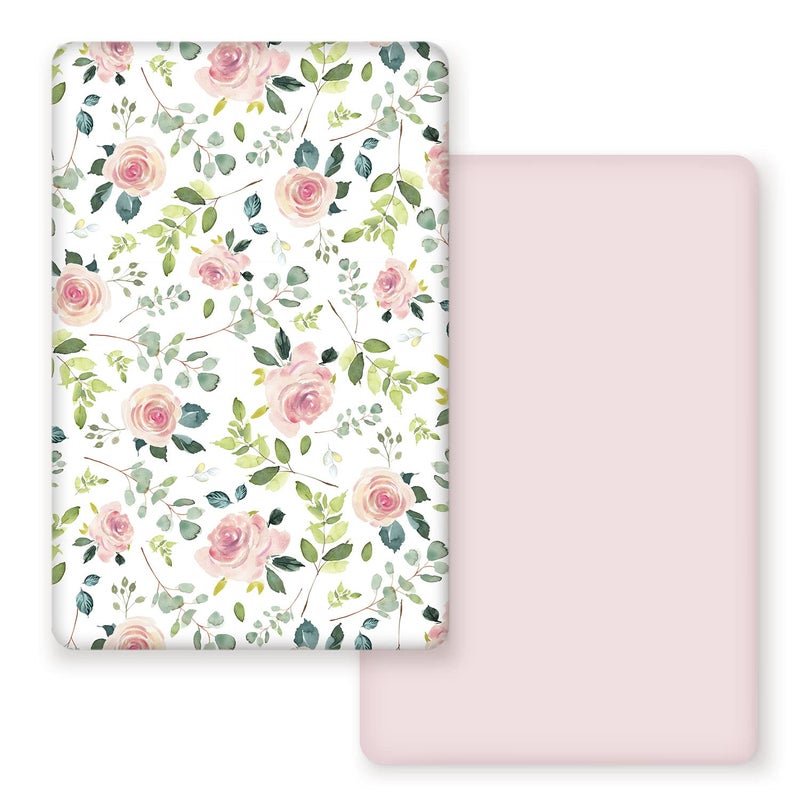 GRSSDER Stretchy Ultra Soft Jersey Knit Fitted Pack n Play Sheets Set 2 Pack, Portable/Mini Crib Sheets, Snug and Safe Playards Sheet for Baby, Pink Rose Stylish Print - Image 1
