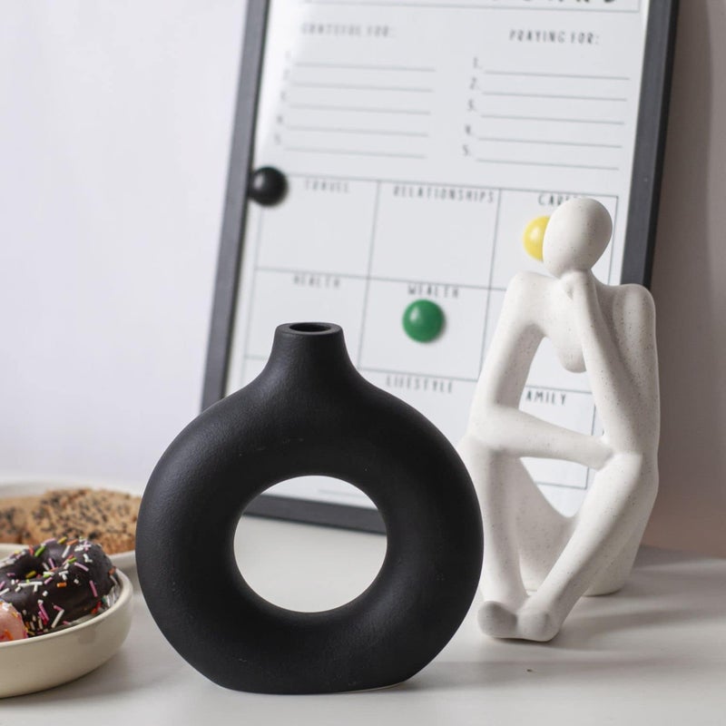 CEMABT Black Donut Vase Hollow Ceramic Vase for Flowers Handmade Minimalist Boho ins Style Modern Home Decor for Wedding Dinner Table Party Living Room Office Bedroom（M - Image 5