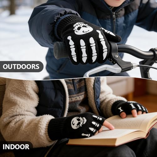 GUSTAVE® 2 Pairs Winter Gloves for Kids, Glow in the Dark Full Finger Gloves & Fingerless Gloves with Fun Skeleton Hand Prints, Elastic Cuffs, Cycling Gloves Costume Party Accessories - Image 5