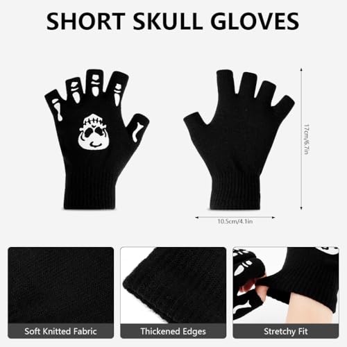 GUSTAVE® 2 Pairs Winter Gloves for Kids, Glow in the Dark Full Finger Gloves & Fingerless Gloves with Fun Skeleton Hand Prints, Elastic Cuffs, Cycling Gloves Costume Party Accessories - Image 3