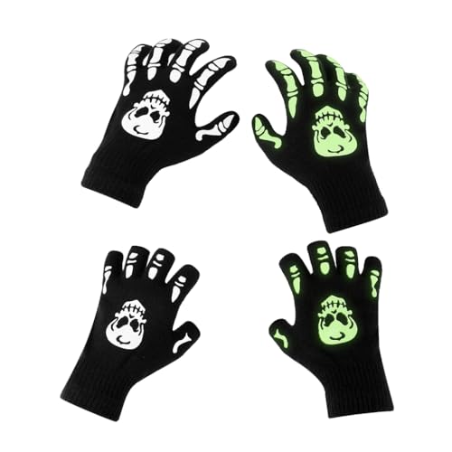 GUSTAVE® 2 Pairs Winter Gloves for Kids, Glow in the Dark Full Finger Gloves & Fingerless Gloves with Fun Skeleton Hand Prints, Elastic Cuffs, Cycling Gloves Costume Party Accessories - Image 1