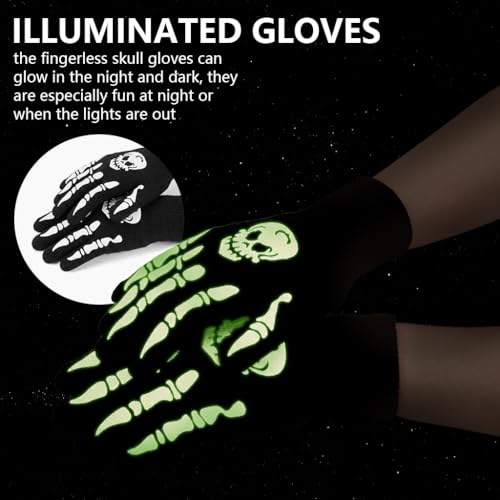 GUSTAVE® 2 Pairs Winter Gloves for Kids, Glow in the Dark Full Finger Gloves & Fingerless Gloves with Fun Skeleton Hand Prints, Elastic Cuffs, Cycling Gloves Costume Party Accessories - Image 4
