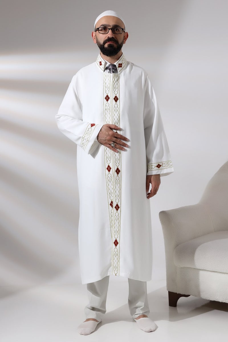 ihvanonline White Men's Prayer Dress Pattern Embroidered Judge Collar Imam Robe - Image 1