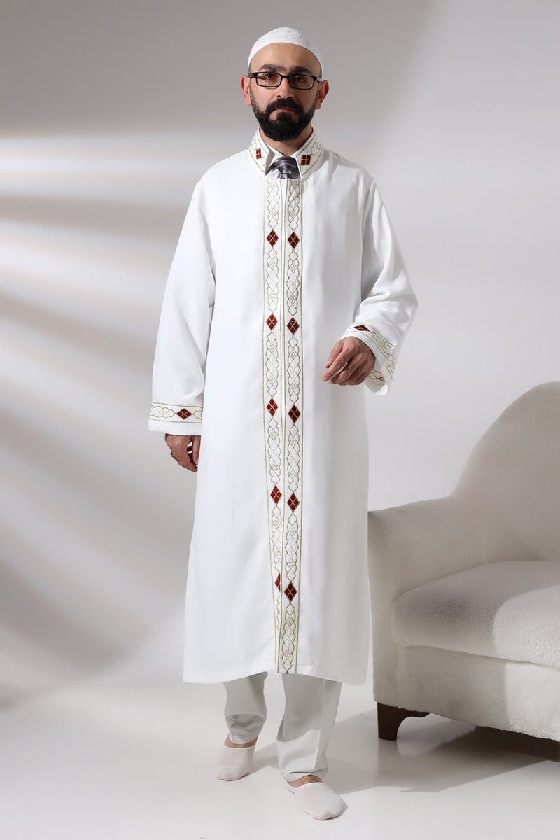 ihvanonline White Men's Prayer Dress Pattern Embroidered Judge Collar Imam Robe - Image 4