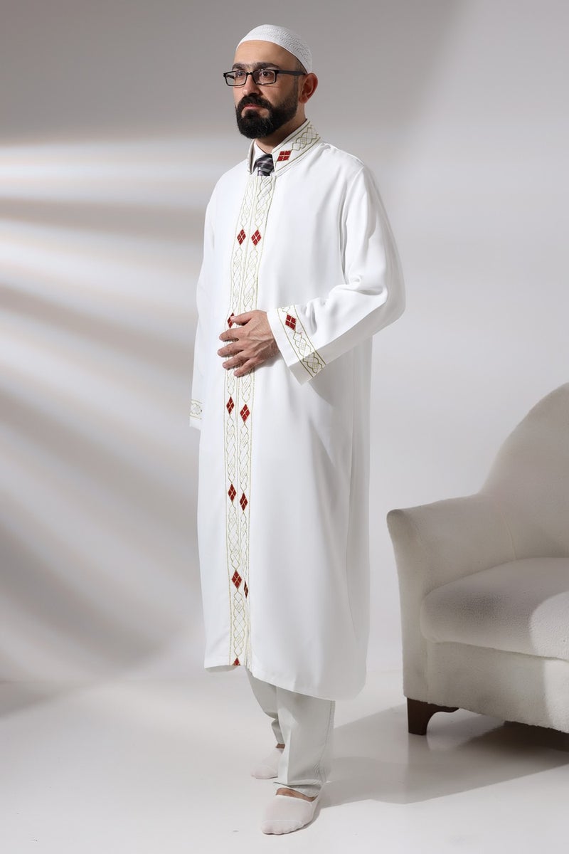 ihvanonline White Men's Prayer Dress Pattern Embroidered Judge Collar Imam Robe - Image 2