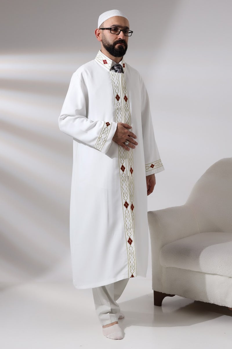ihvanonline White Men's Prayer Dress Pattern Embroidered Judge Collar Imam Robe - Image 3