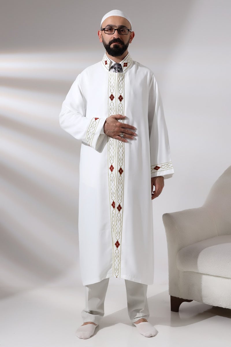 ihvanonline White Men's Prayer Dress Pattern Embroidered Judge Collar Imam Robe - Image 5