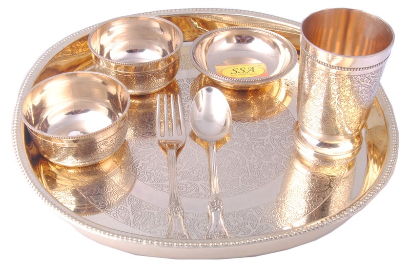 SHIV SHAKTI ARTS Brass Thali Set 7 pcs 2 Brass bowls1 glass1 Square Plate 1 Puding Plate 1 Fork and 1 Spoon Restaurant Ware Home Hotel - Image 1
