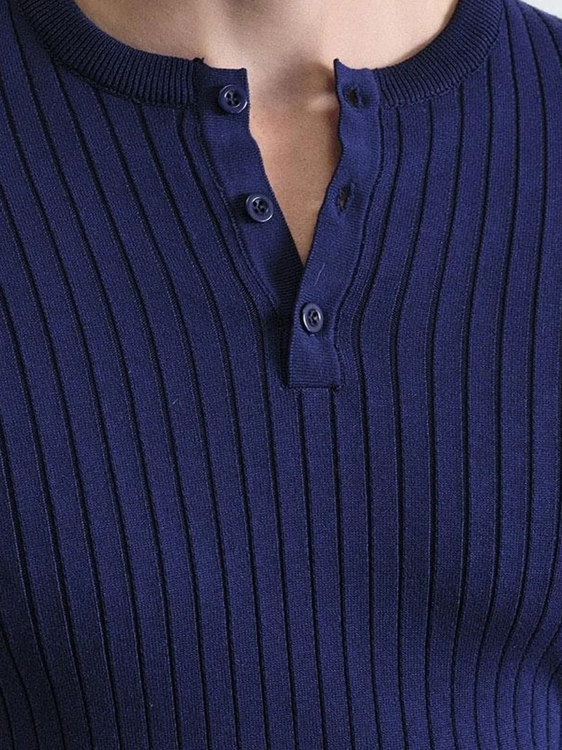 Giesto Navy Blue GIESTO Slim Fit Button Collar Long Sleeve T-Shirt for Men | Best Price UAE