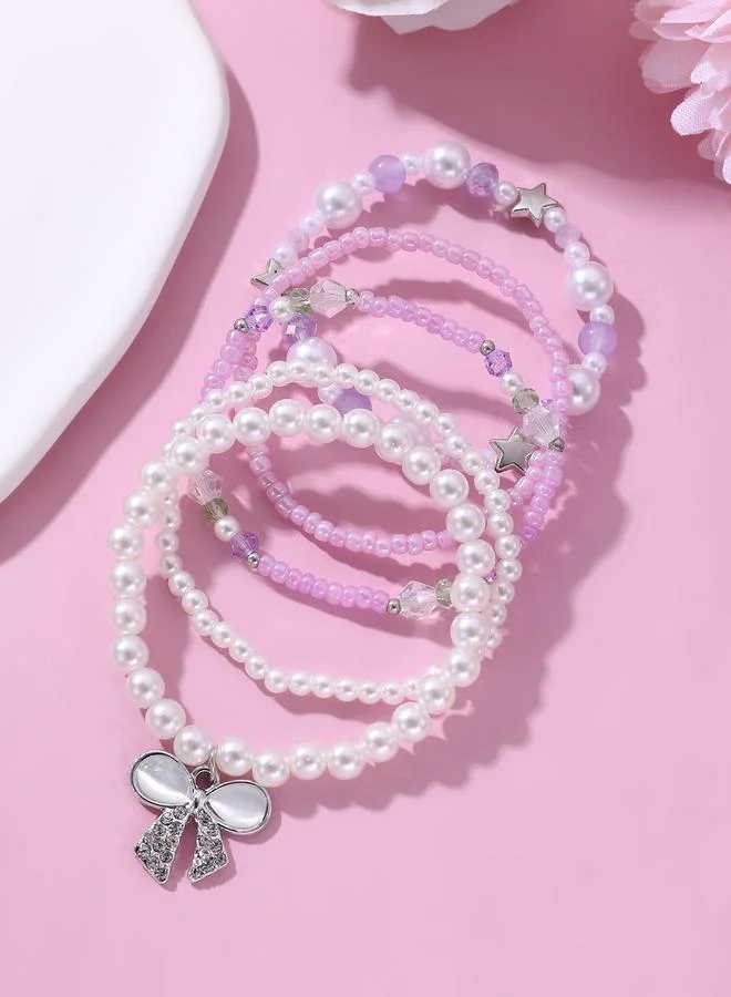 تايك تو Pack of 5 - Girls Multi-Color Pastel Beaded Bracelets with Star and Bow Charms