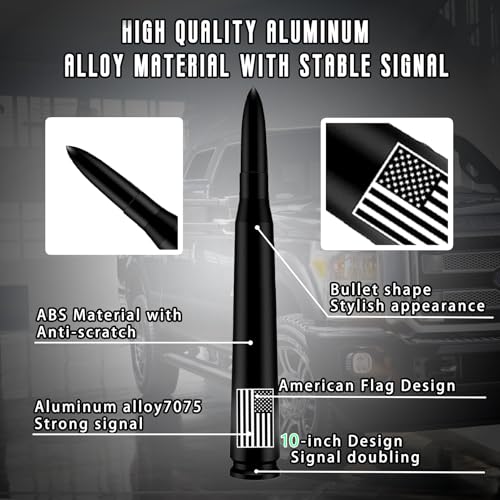 HVSTTPK Car Bullet Antenna with Valve Stem Caps for GM Chevy Silverado 1500 2500 3500 HD Avalanche Ford F Series F150 F250 GMC Sierra 1500 2500 3500 Denali Heavy Truck Accessories (Black)-10inch- America Flag - Image 4