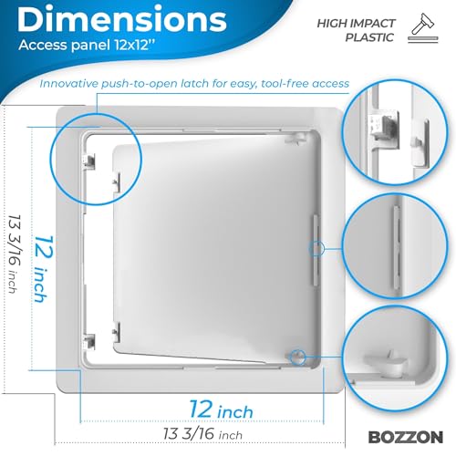 BOZZON Access Panel for Drywall - 12 x 12 inch - Push to Open Latch - Wall Hole Cover - Access Door - Plumbing - Heavy Durable Plastic White - Image 2