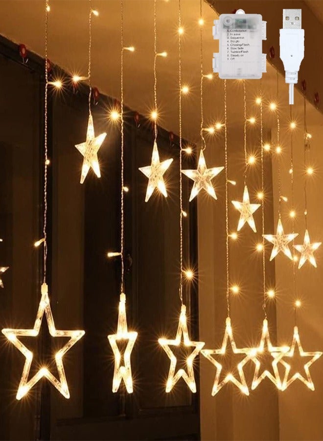 Topyich DIwali Decoration，12 Stars 138 LED Curtain Fairy Lights USB &Battery Operated - Warm White Window Lights with Timer & Memory Function & 8 Modes - Image 1
