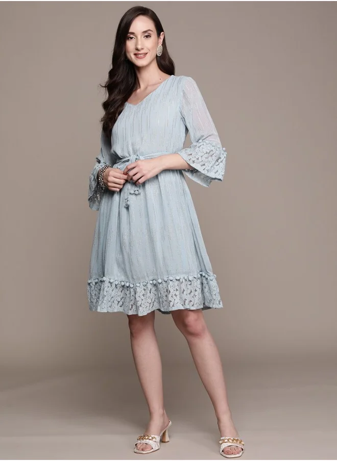 آي شين V-Neck Striped Bell Sleeve Lace A-Line Dress With Pom Pom