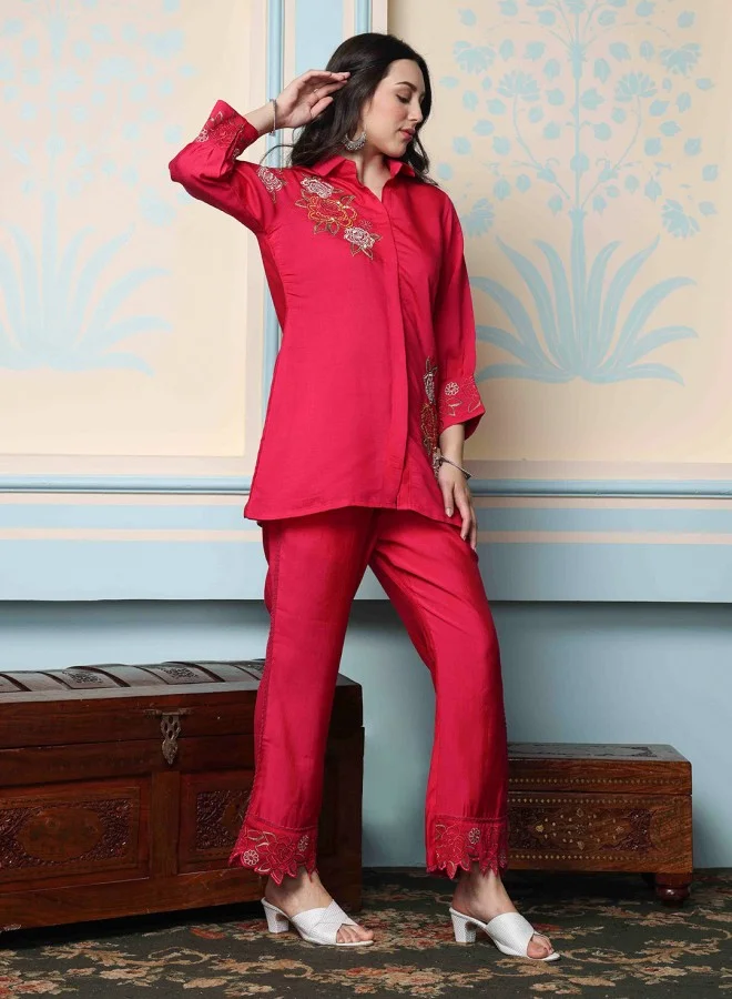 ISHIN Women's Pink 100% Cotton Self Design A-Line Co Ords